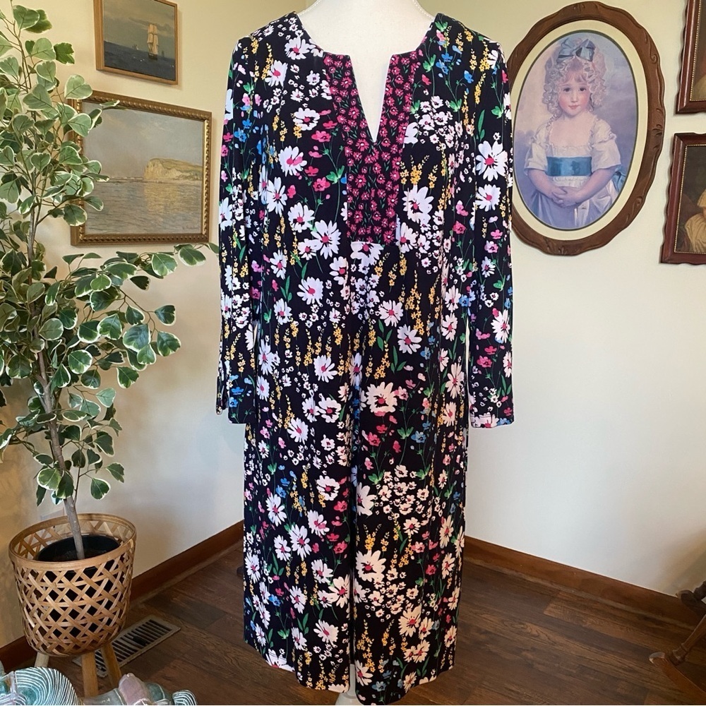 crown & ivy Black Floral Long Sleeve Midi Dress with Pink & White Blooms